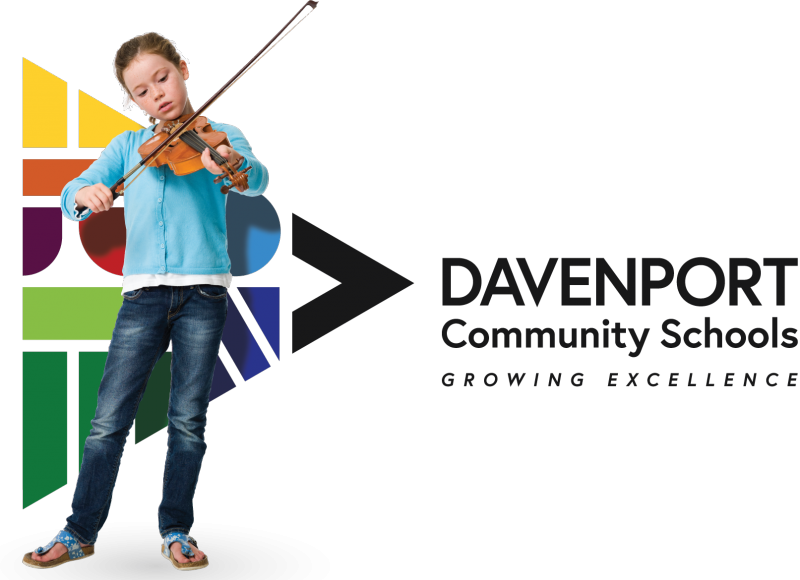 Girl playing violin on top of district logo