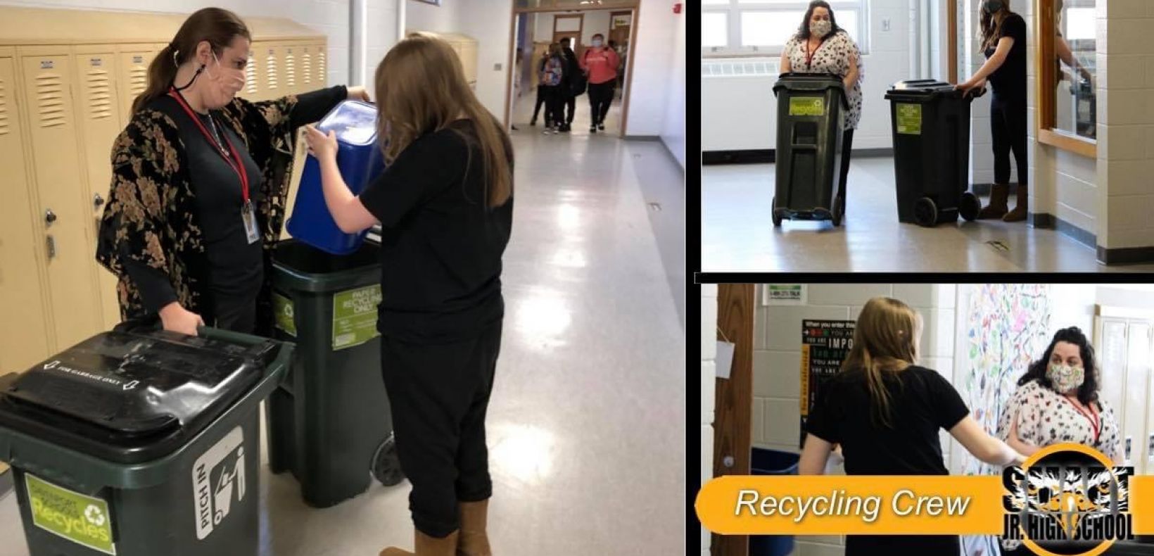 Multiple images of students pick up recycling.
