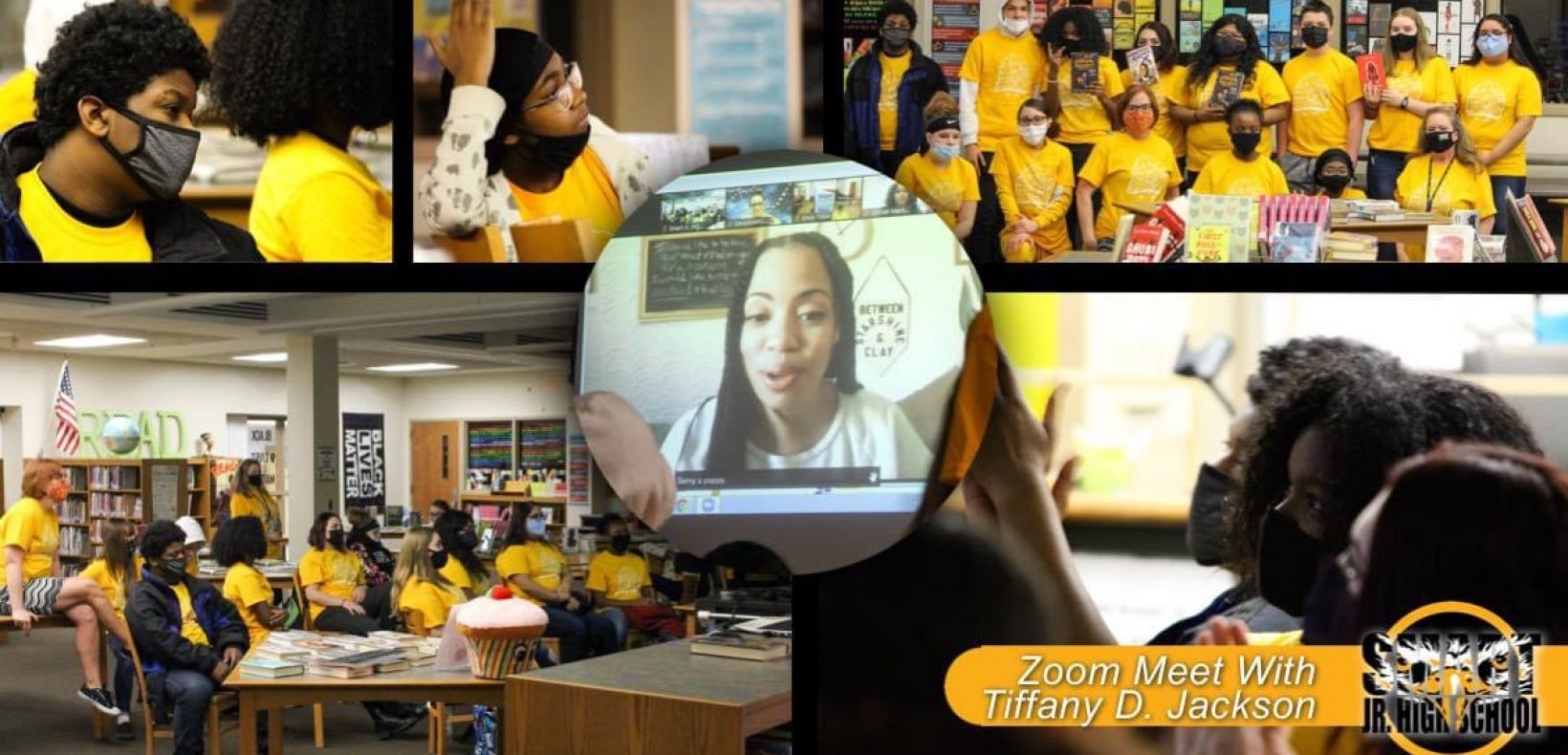 Multiple images of students meeting an author via a video call.
