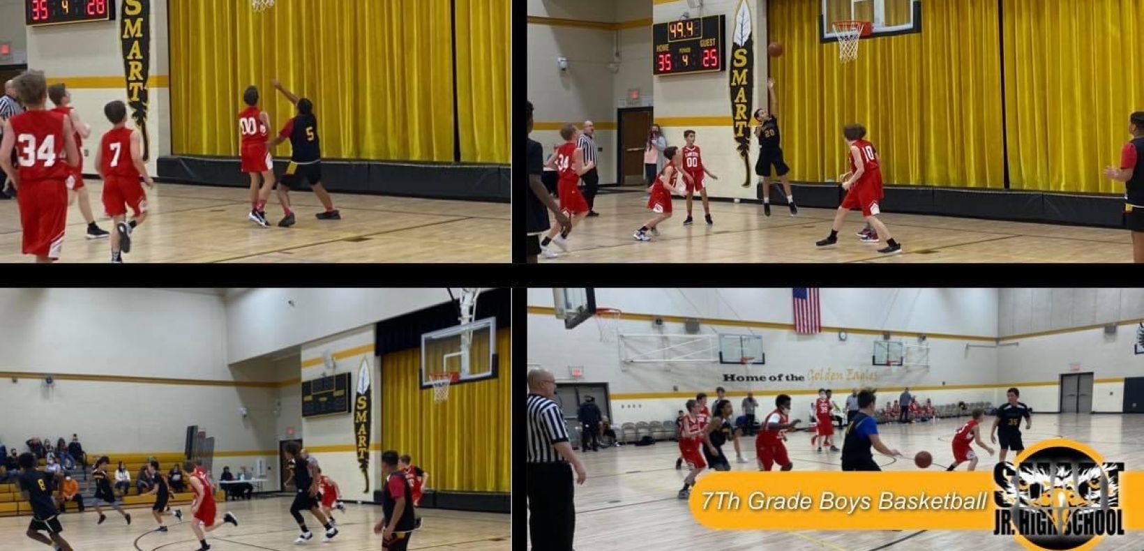 Multiple images showing a basketball game.