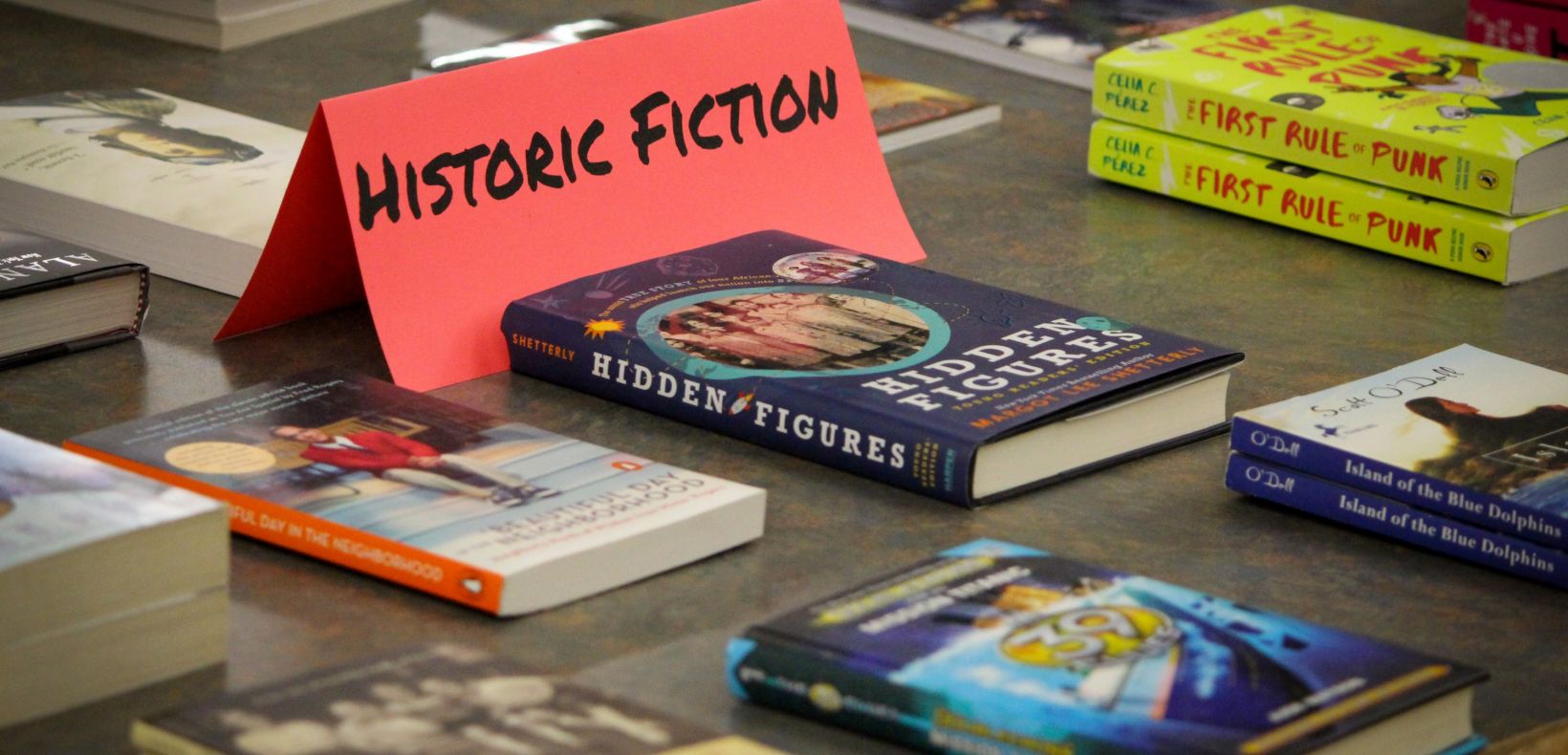 display of books spread on a table