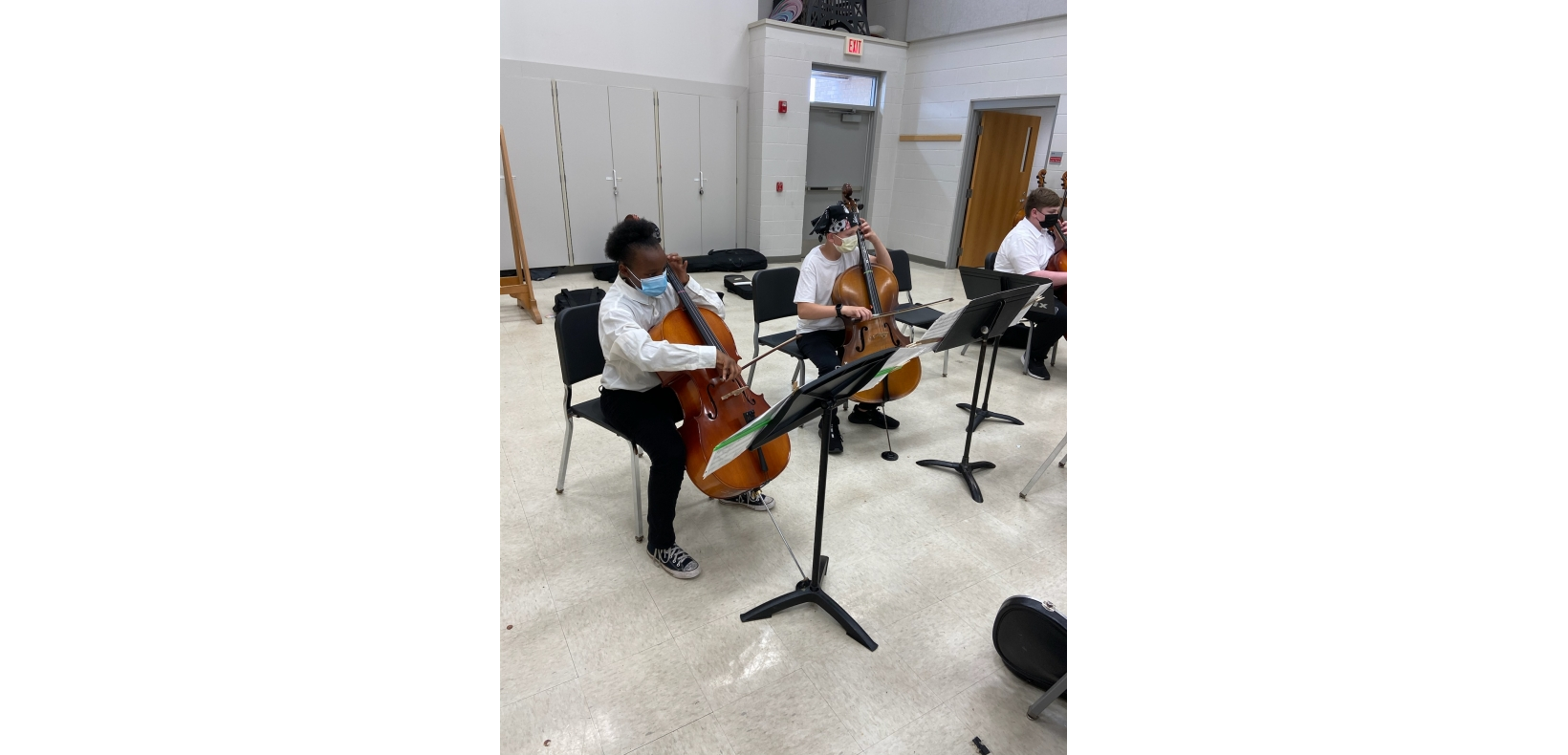 Two students playing string instruments