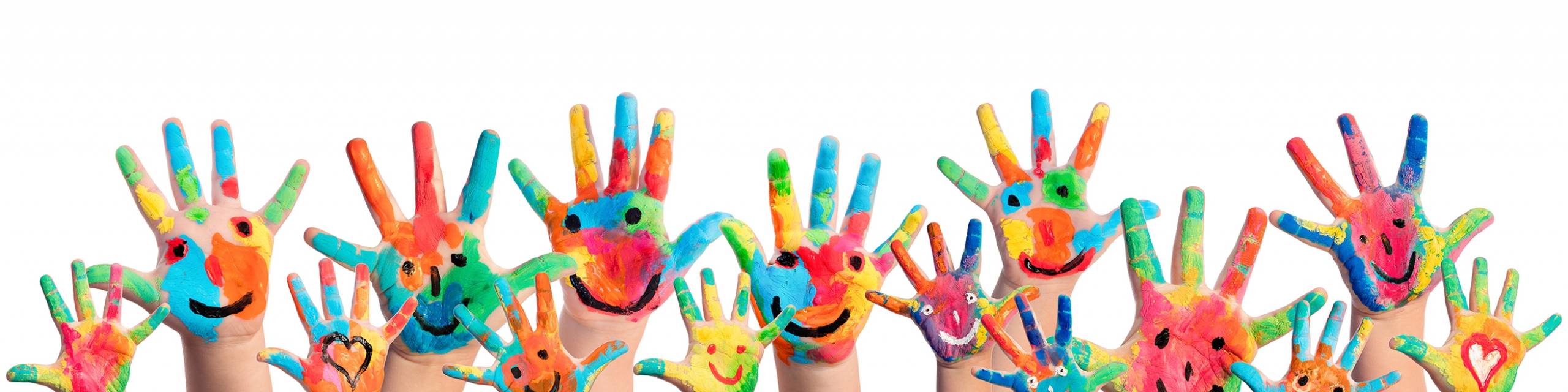 Hands with colorful smiles painted on them